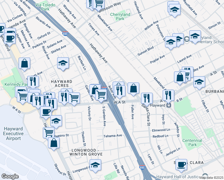map of restaurants, bars, coffee shops, grocery stores, and more near 21966 Arbor Avenue in Hayward