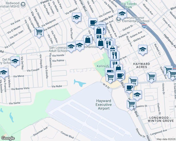 map of restaurants, bars, coffee shops, grocery stores, and more near 18015 Silverado Road in Hayward