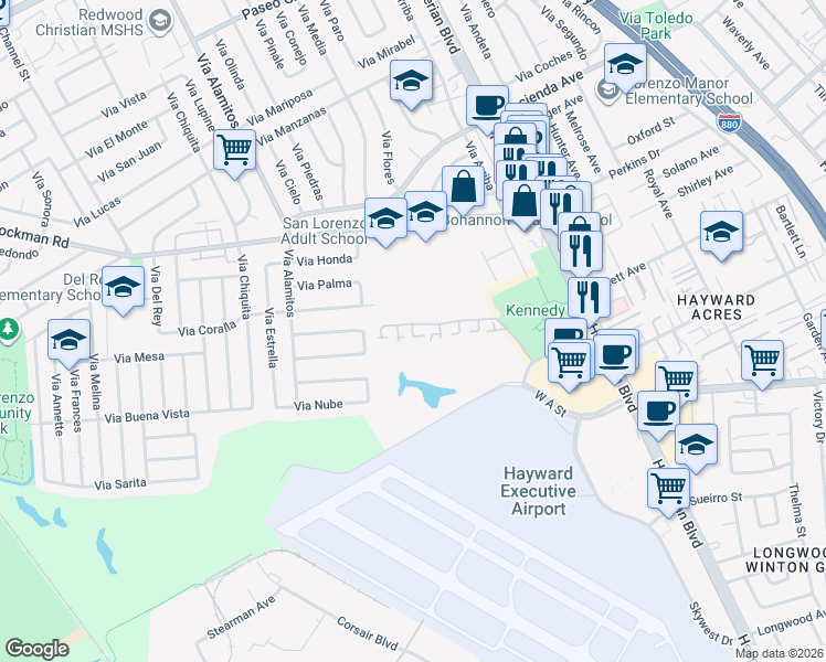 map of restaurants, bars, coffee shops, grocery stores, and more near 17988 Sunol Road in Hayward