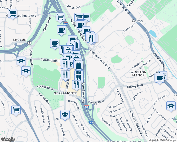 map of restaurants, bars, coffee shops, grocery stores, and more near 355 Half Moon Lane in Daly City