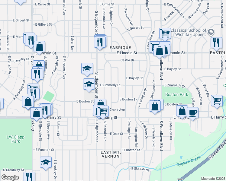 map of restaurants, bars, coffee shops, grocery stores, and more near 1108 Pineridge Street in Wichita
