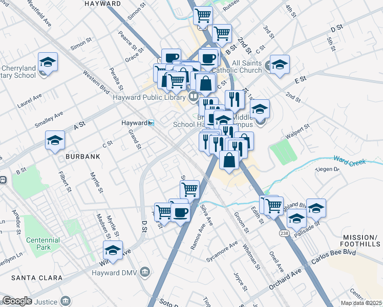 map of restaurants, bars, coffee shops, grocery stores, and more near 630 Artistic Place in Hayward