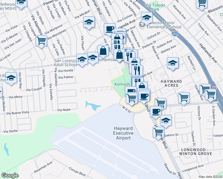 map of restaurants, bars, coffee shops, grocery stores, and more near 956 Castlewood Way in Hayward