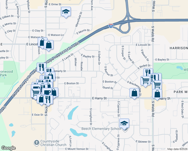 map of restaurants, bars, coffee shops, grocery stores, and more near 8411 East Zimmerly Street in Wichita