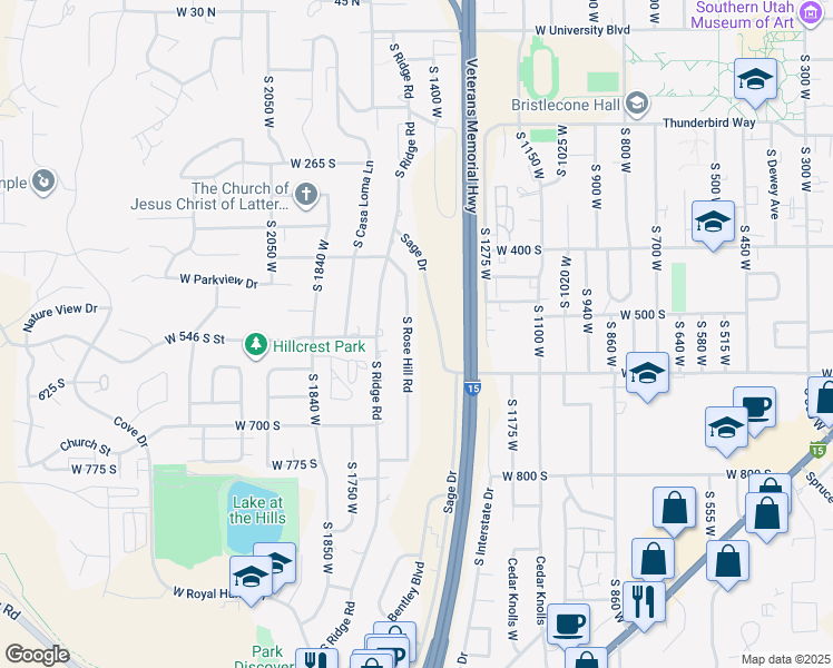 map of restaurants, bars, coffee shops, grocery stores, and more near 538 South Rose Hill Road in Cedar City