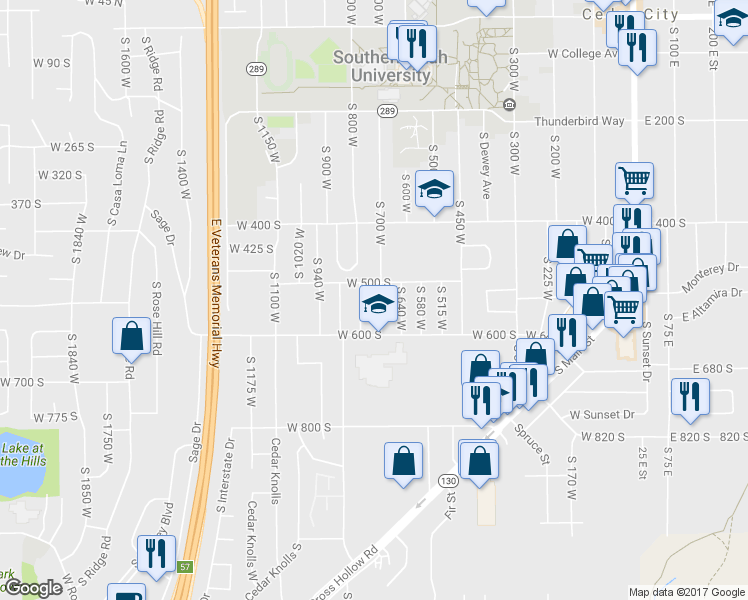 map of restaurants, bars, coffee shops, grocery stores, and more near 532 South 700 West in Cedar City