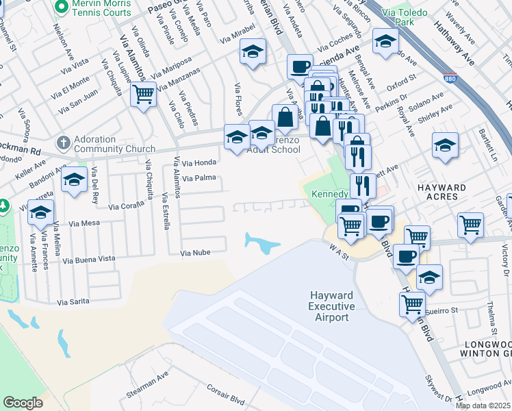 map of restaurants, bars, coffee shops, grocery stores, and more near 17994 Firestone Road in Hayward