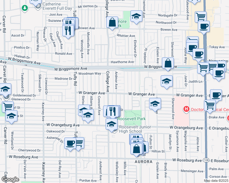 map of restaurants, bars, coffee shops, grocery stores, and more near 1605 Ardmor Avenue in Modesto