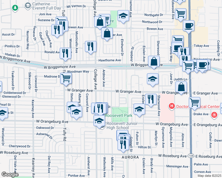 map of restaurants, bars, coffee shops, grocery stores, and more near 1001 West Granger Avenue in Modesto