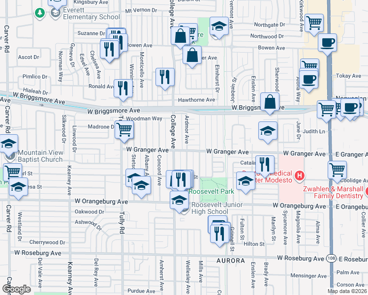 map of restaurants, bars, coffee shops, grocery stores, and more near 1605 Ardmor Avenue in Modesto