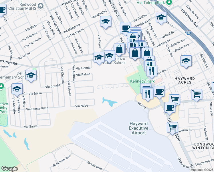 map of restaurants, bars, coffee shops, grocery stores, and more near 17994 Firestone Road in Hayward