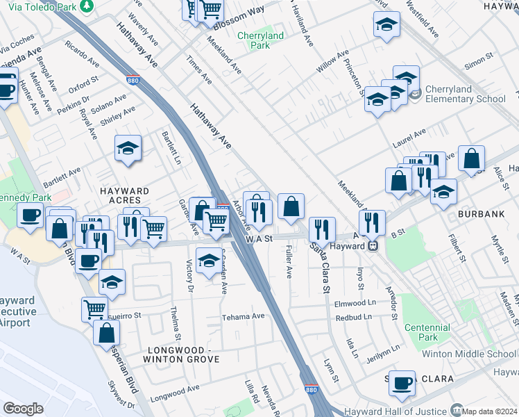 map of restaurants, bars, coffee shops, grocery stores, and more near 22038 Arbor Avenue in Hayward