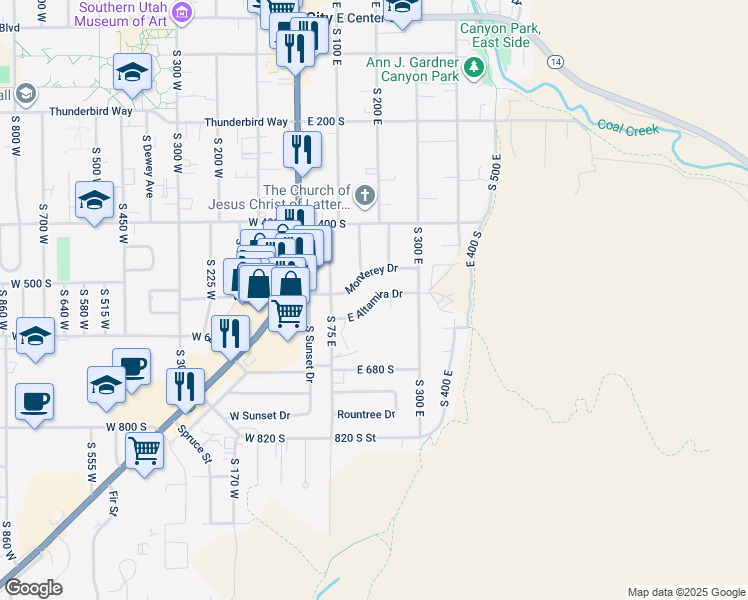 map of restaurants, bars, coffee shops, grocery stores, and more near 196 East Altamira Drive in Cedar City