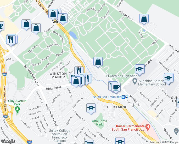 map of restaurants, bars, coffee shops, grocery stores, and more near 1700 El Camino Real in South San Francisco
