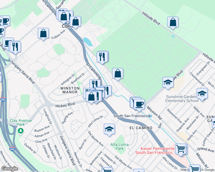 map of restaurants, bars, coffee shops, grocery stores, and more near 1700 El Camino Real in South San Francisco