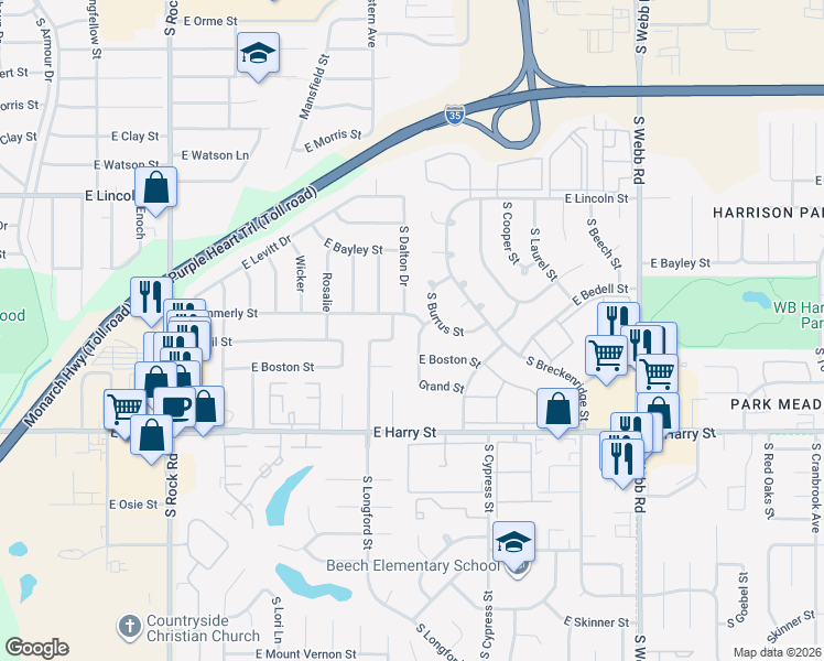 map of restaurants, bars, coffee shops, grocery stores, and more near 1115 South Linden Street in Wichita