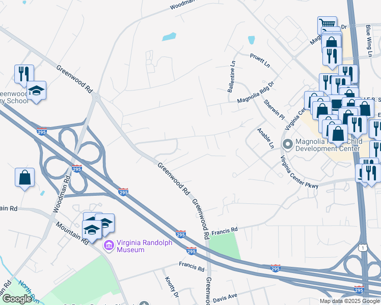 map of restaurants, bars, coffee shops, grocery stores, and more near 10717 Greenwood Road in Glen Allen
