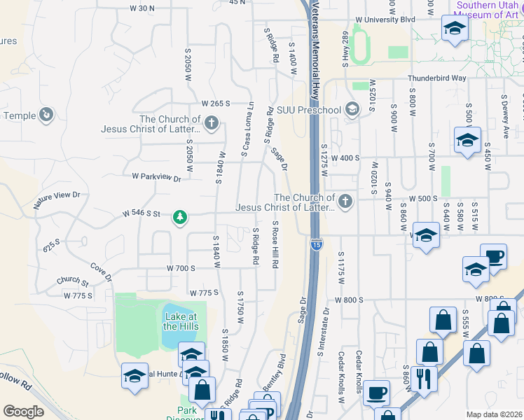 map of restaurants, bars, coffee shops, grocery stores, and more near 539 South Ridge Road in Cedar City
