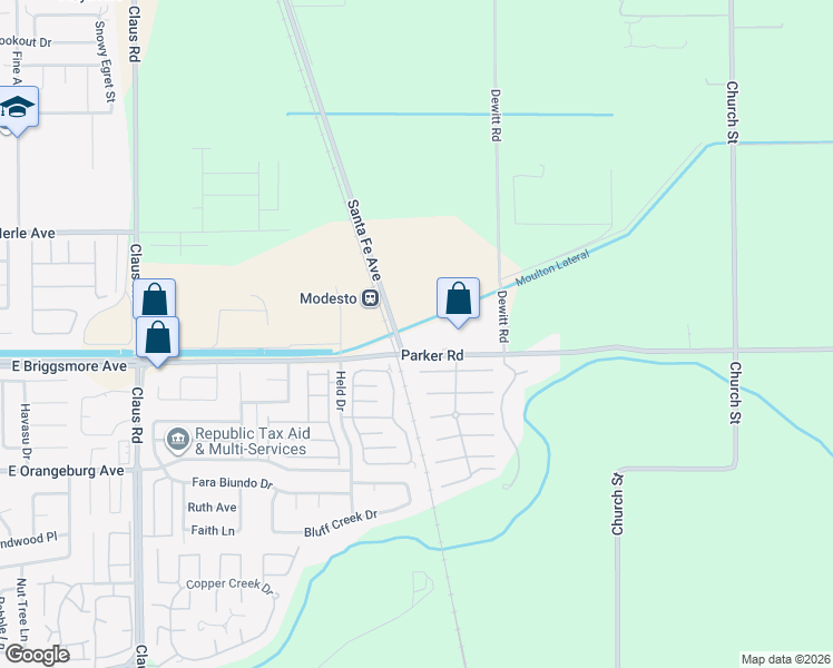 map of restaurants, bars, coffee shops, grocery stores, and more near 4607 Parker Road in Modesto