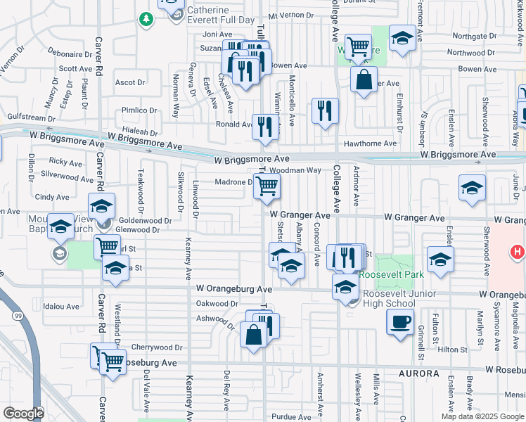 map of restaurants, bars, coffee shops, grocery stores, and more near 1613 Tully Road in Modesto