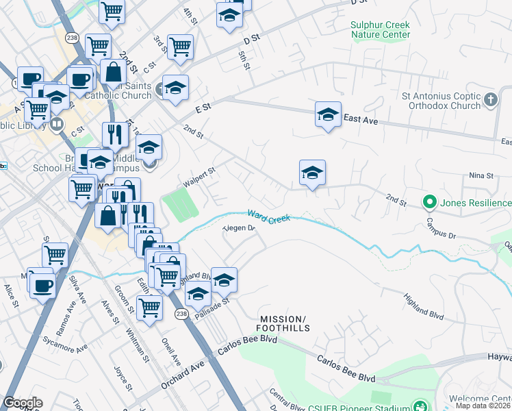 map of restaurants, bars, coffee shops, grocery stores, and more near 24154 Amaranth Loop in Hayward