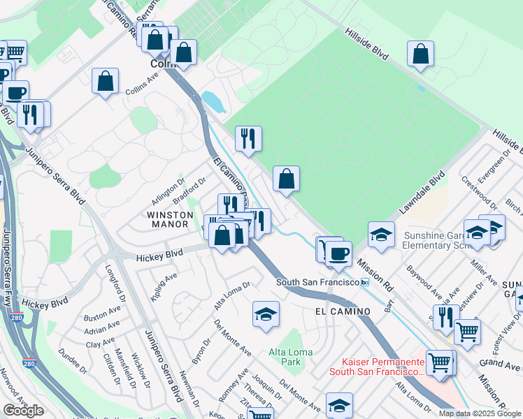 map of restaurants, bars, coffee shops, grocery stores, and more near 1700 El Camino Real in South San Francisco