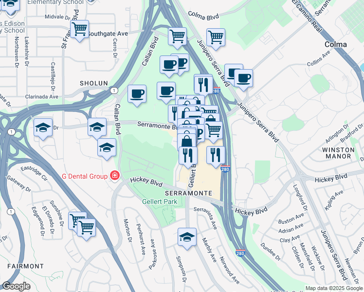 map of restaurants, bars, coffee shops, grocery stores, and more near 320 Gellert Boulevard in Daly City