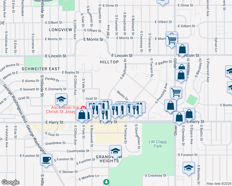 map of restaurants, bars, coffee shops, grocery stores, and more near 4117 Menlo Drive in Wichita
