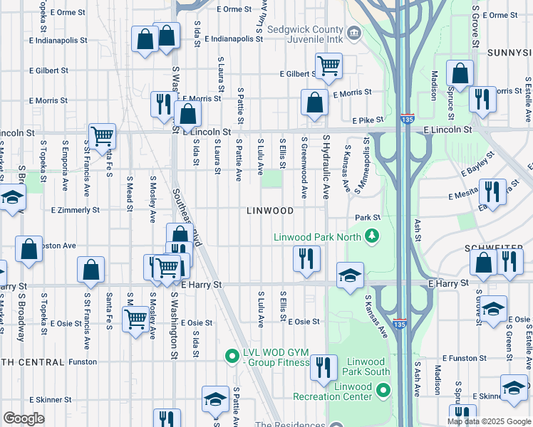 map of restaurants, bars, coffee shops, grocery stores, and more near 1401 South Lulu Street in Wichita