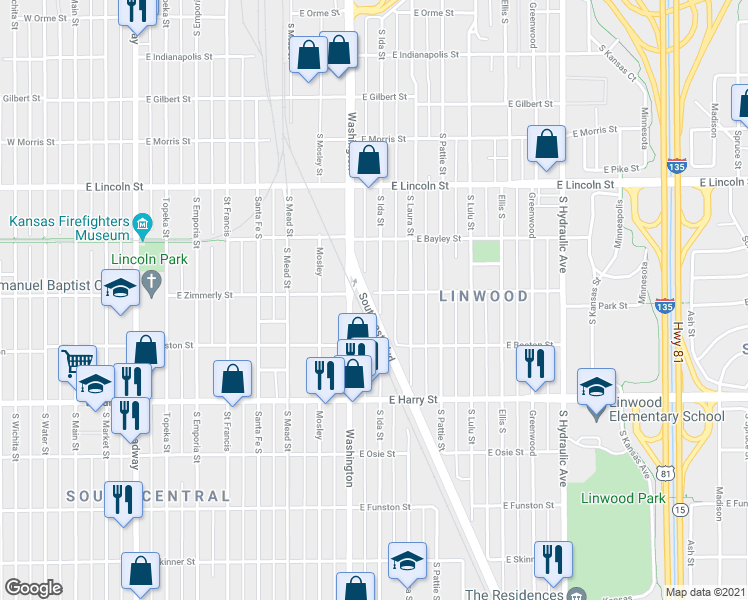 map of restaurants, bars, coffee shops, grocery stores, and more near 1401 South Ida Street in Wichita