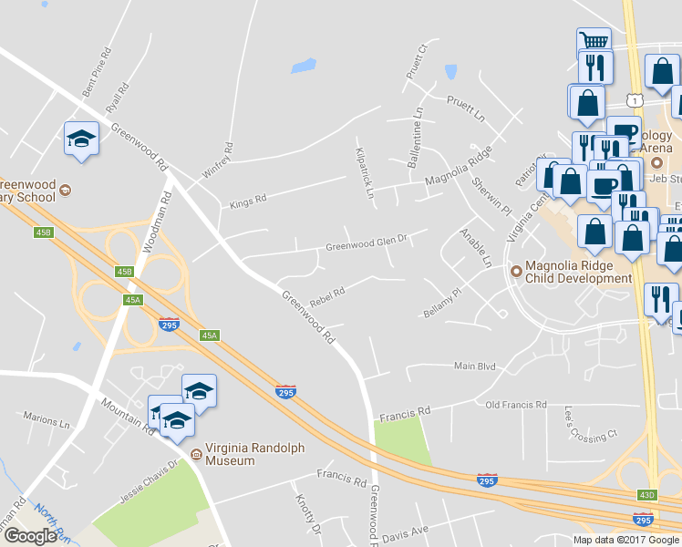 map of restaurants, bars, coffee shops, grocery stores, and more near 10717 Greenwood Road in Glen Allen
