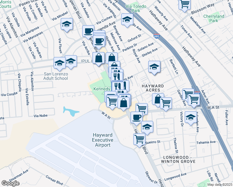 map of restaurants, bars, coffee shops, grocery stores, and more near 1101 Golf Course Road in Hayward