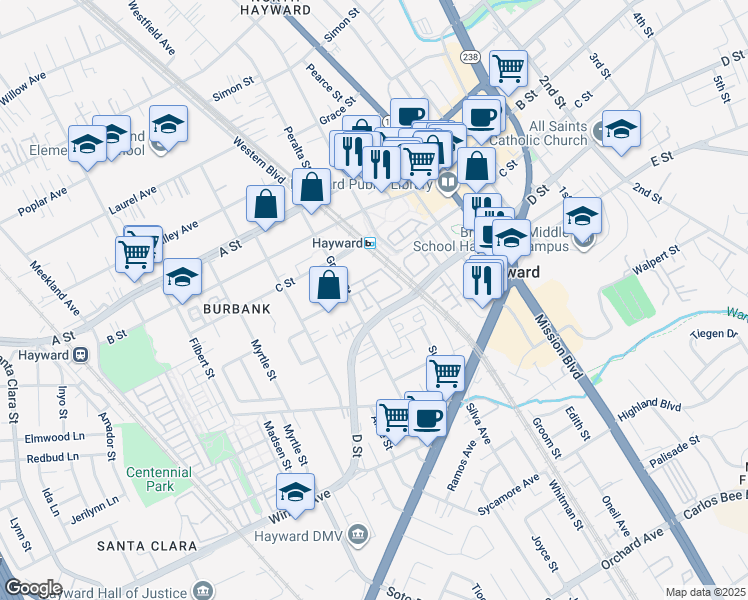 map of restaurants, bars, coffee shops, grocery stores, and more near Meridian Drive in Hayward