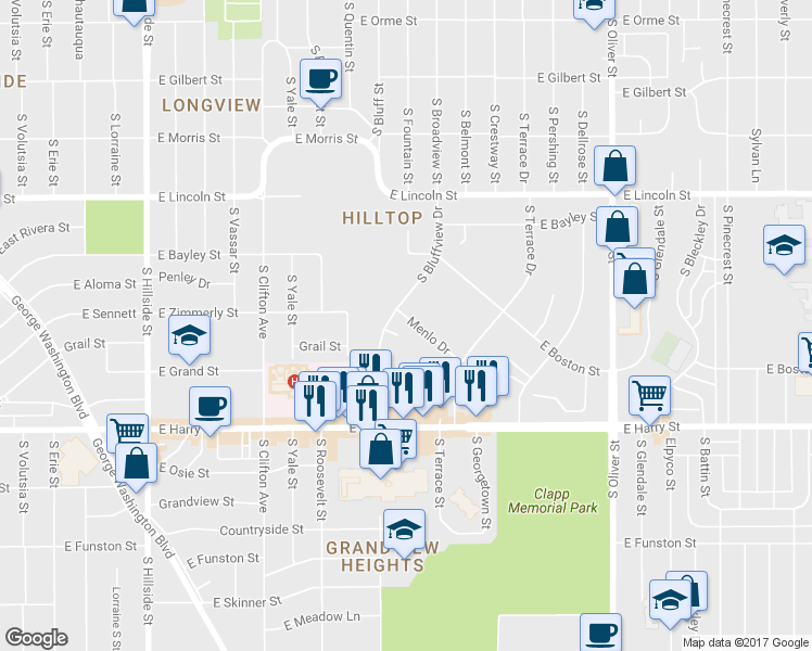 map of restaurants, bars, coffee shops, grocery stores, and more near 4117 Menlo Dr in Wichita