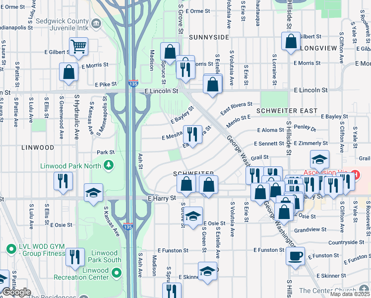 map of restaurants, bars, coffee shops, grocery stores, and more near 2311 East Rivera Street in Wichita