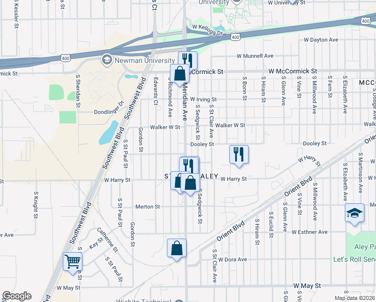 map of restaurants, bars, coffee shops, grocery stores, and more near 1412 South Meridian Avenue in Wichita
