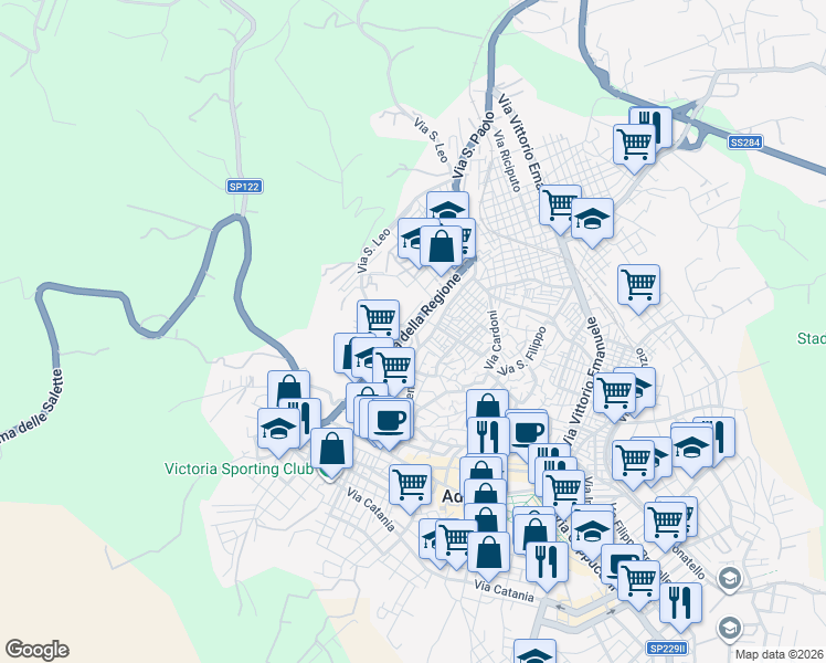 map of restaurants, bars, coffee shops, grocery stores, and more near 90 Via della Regione in Adrano