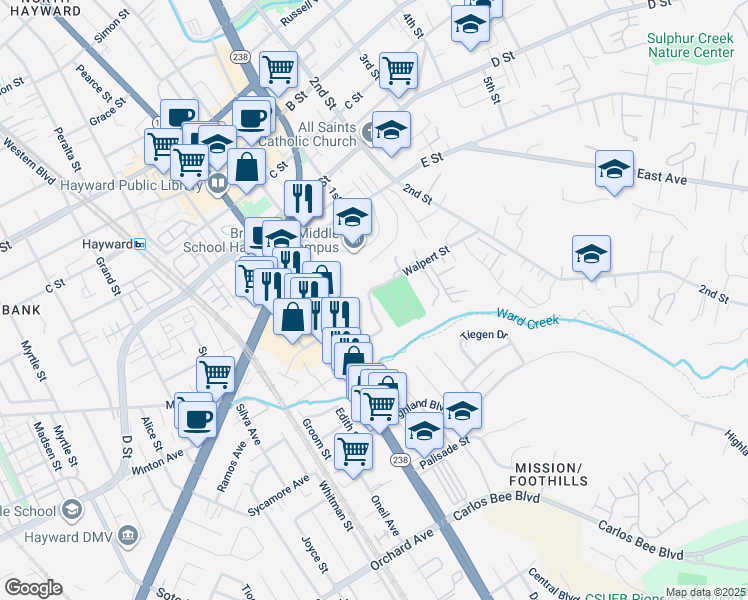 map of restaurants, bars, coffee shops, grocery stores, and more near 949 Fletcher Lane in Hayward