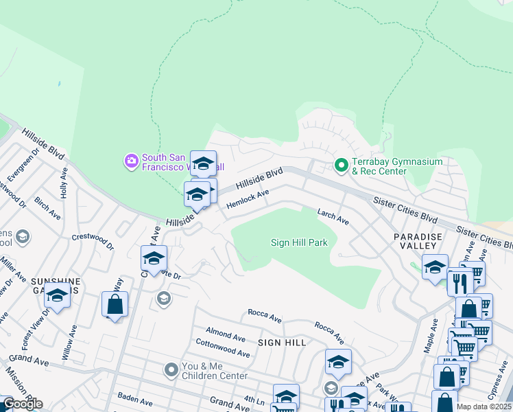 map of restaurants, bars, coffee shops, grocery stores, and more near 83 Kearney Street in South San Francisco