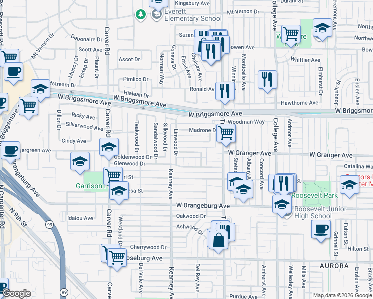 map of restaurants, bars, coffee shops, grocery stores, and more near 1425 Baywood Drive in Modesto