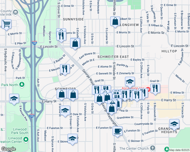map of restaurants, bars, coffee shops, grocery stores, and more near 2907 E Sennett St in Wichita