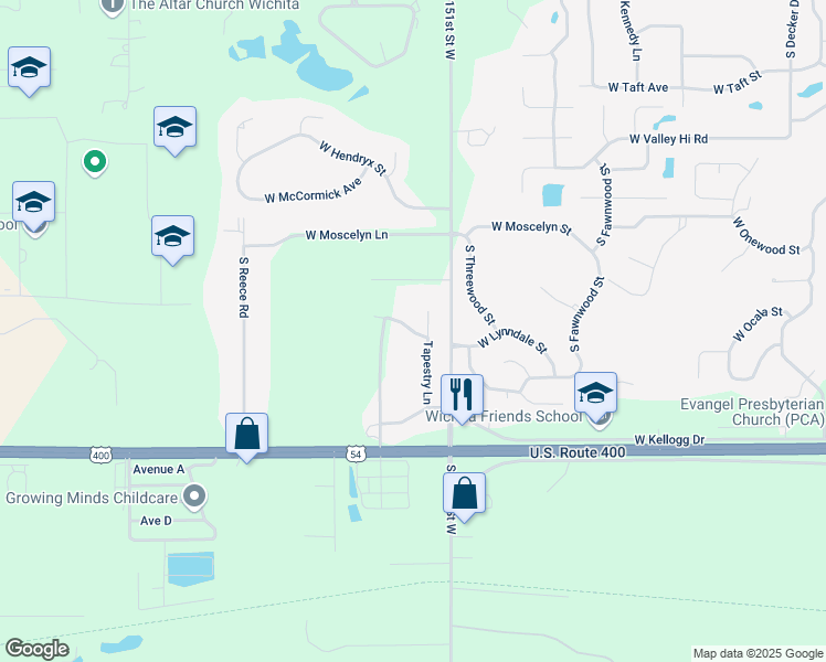 map of restaurants, bars, coffee shops, grocery stores, and more near 15398 Lyndale in Goddard