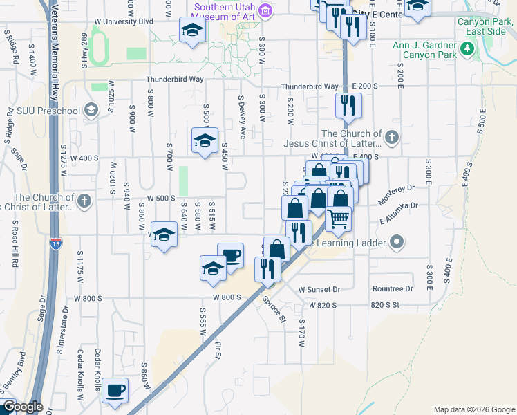 map of restaurants, bars, coffee shops, grocery stores, and more near 525 Cedarwood Terrace in Cedar City