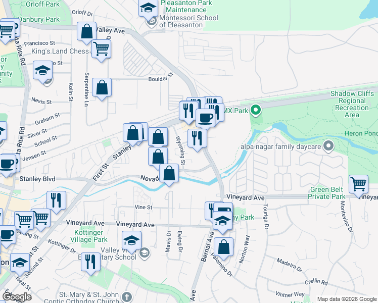 map of restaurants, bars, coffee shops, grocery stores, and more near 142 Wyoming Street in Pleasanton