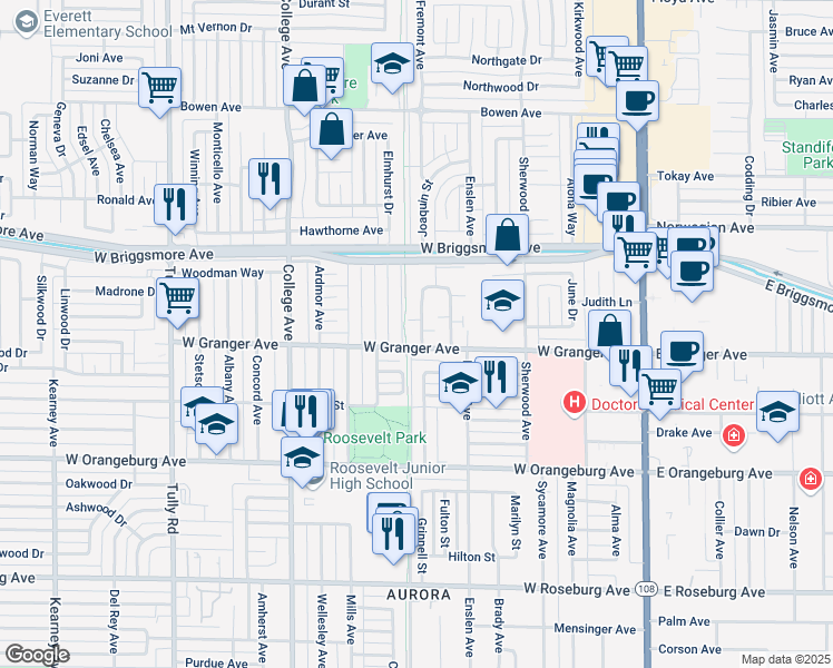 map of restaurants, bars, coffee shops, grocery stores, and more near 617 West Granger Avenue in Modesto
