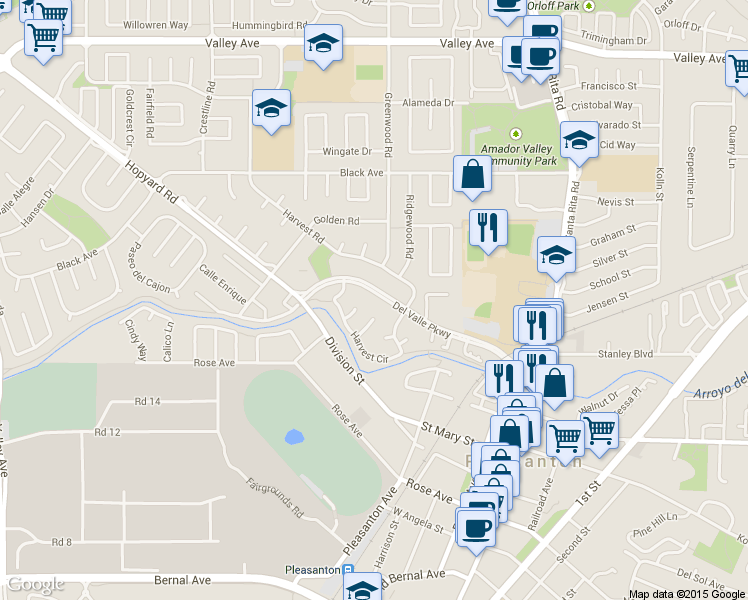 map of restaurants, bars, coffee shops, grocery stores, and more near 4682 Del Valle Parkway in Pleasanton