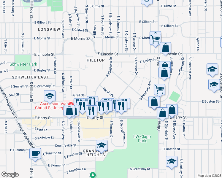 map of restaurants, bars, coffee shops, grocery stores, and more near 4168 Menlo Drive in Wichita