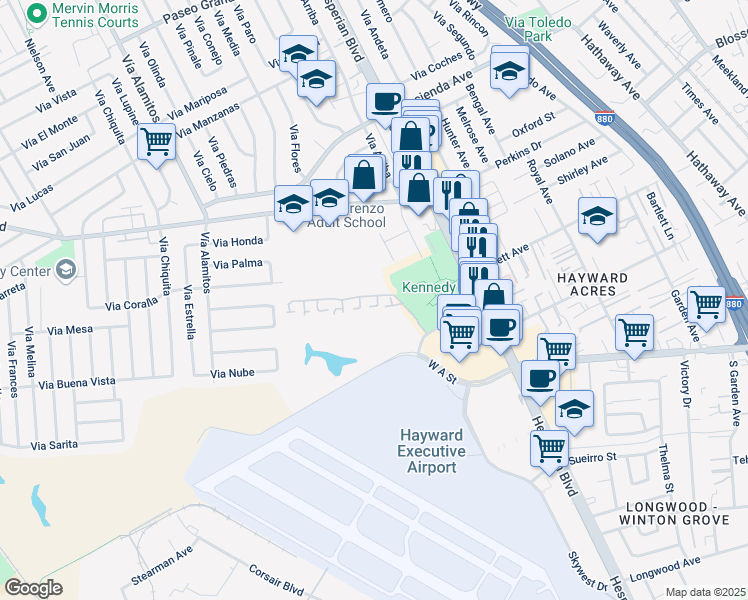 map of restaurants, bars, coffee shops, grocery stores, and more near 18015 Silverado Road in Hayward