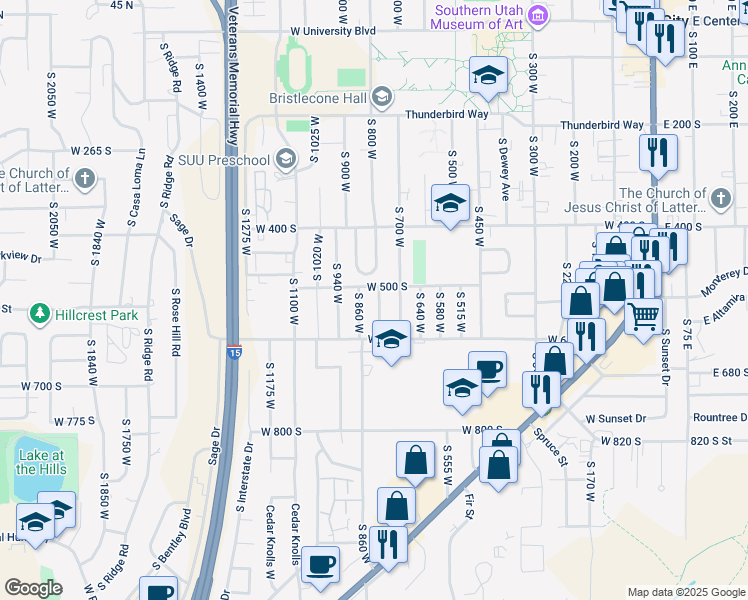 map of restaurants, bars, coffee shops, grocery stores, and more near 520 South 700 West in Cedar City