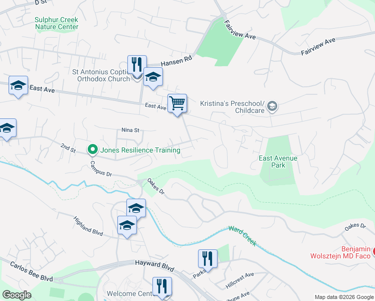 map of restaurants, bars, coffee shops, grocery stores, and more near 2691 Highland Trail Lane in Hayward